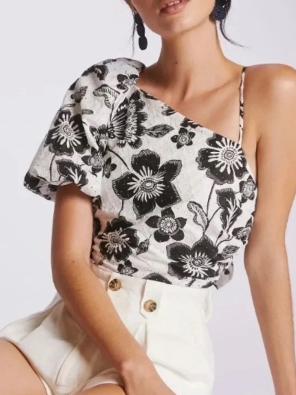 Anthropologie Black and White One-Shoulder Floral Bow Back Top